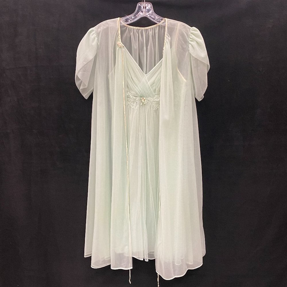Vanity Fair- VINTAGE - 1960s 1970s Nightgown & Robe 2PC Set- Mint Green - Sz S